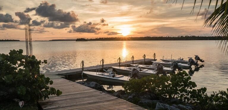 Abaco Lodge jetty with skiff boats