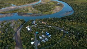 Alaska West tent camp beside the Kanektok River taken from drone