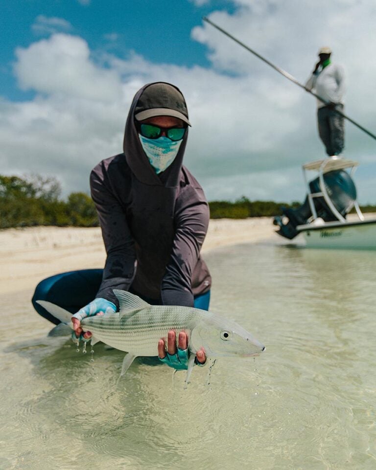 Bonefishing from a skiff boat in the Bahamas