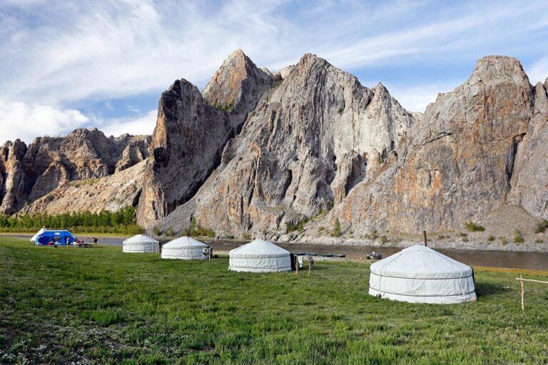 Mongolian fishing yurts by river