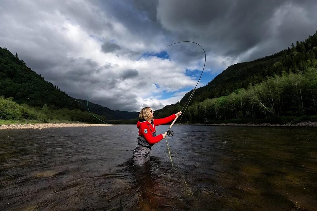 Gaula River salmon fishing, woman spey casting