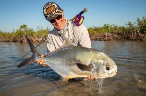 Man fly fishing permit in Mexico, Ascension Bay