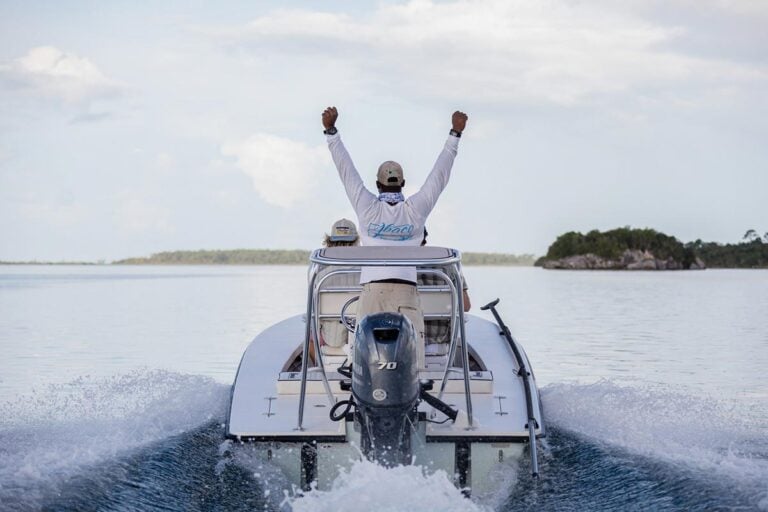 Powerful skiff boat navigating flats