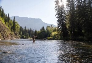 Fly fisherman Fording River BC Canada
