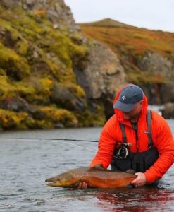 Angler returning coloured salmon to water