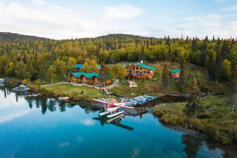 Iliamna River Fly-Out Lodge in Alaska - aerial image with floatplane