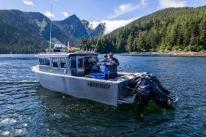 Salon fishing from boat in Alaska