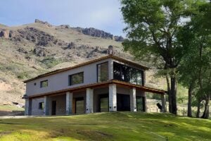 Outside Bravo Sur trout fishing lodge in summer, Northern Patagonia Argentina