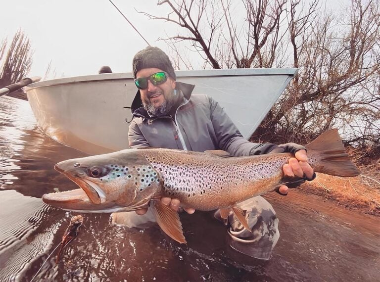 Monster wild brown trout held by angler beside drift boat in Patagonia Argentina