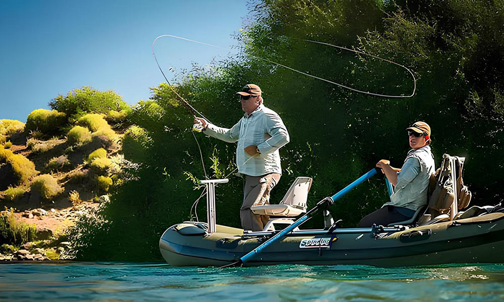 Angler fly fishing from raft drifting down river in Patagonia, while guide rows
