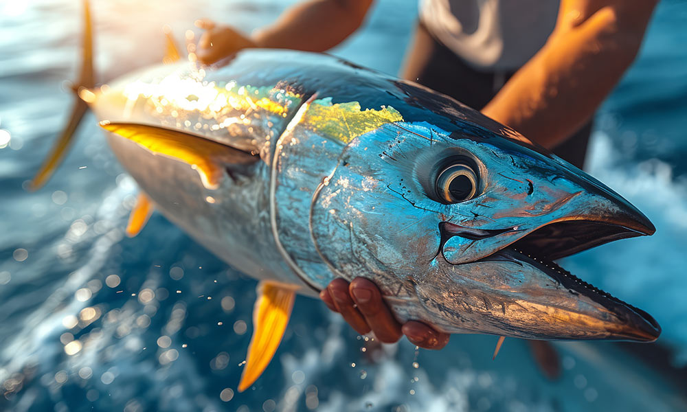 Yellow fin tuna being held by angler