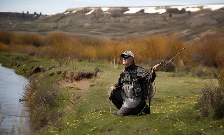 Fly fisherman crouching on bank, casting into small river