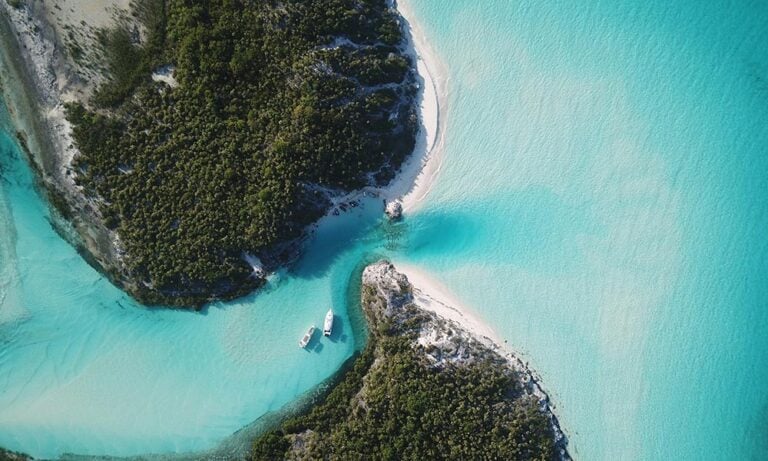 Look down on Bahamas aqua sea, white sand and islands