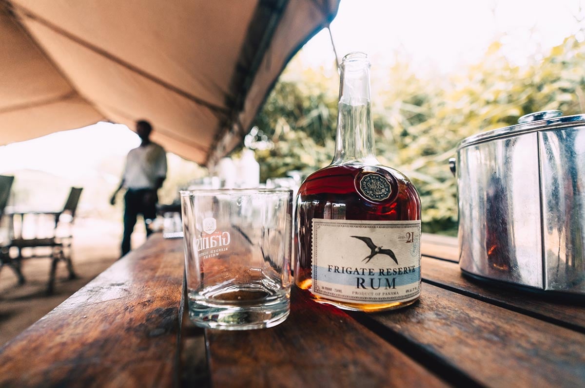 Bottle of Frigate Reserve Rum and glass
