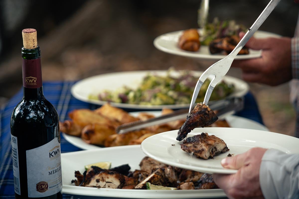 Grilled meat buffet and wine