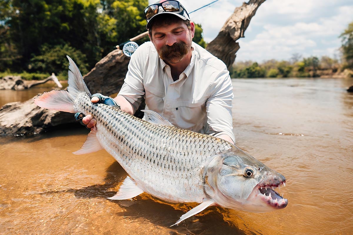 Fly fishing trophy tigerfish in Zambia on the Ruhudji river