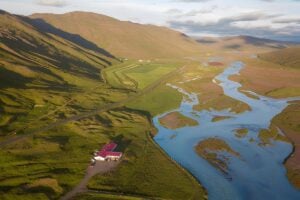 Long valley lodge in Iceland from air