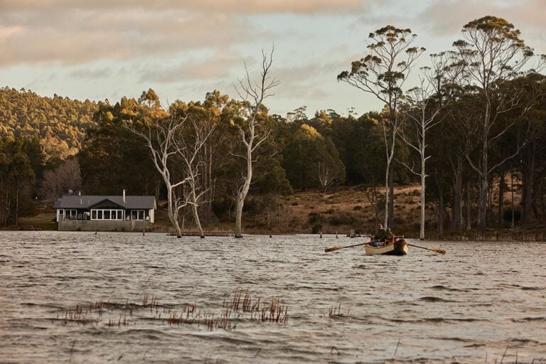 Lakeside fishing lodge in Tasmania with private boat