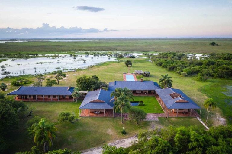 Golden Dorado fishing Pira Lodge from air, view of Iberá Wetlands