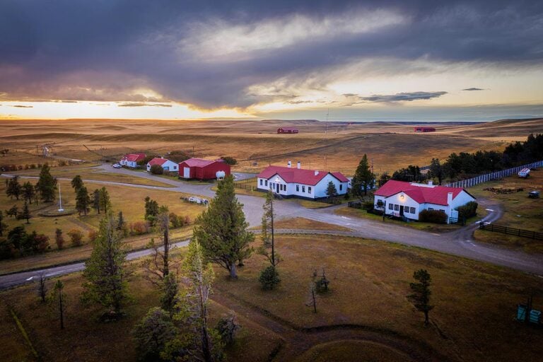 Villa Maria fly fishing lodge in Tierra del Fuego, Patagonia for sea-run brown trout - drone shot