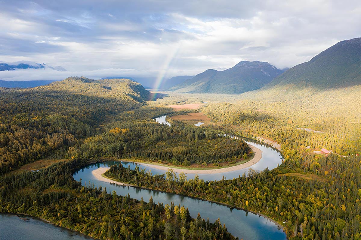Meandering river in Bristol Bay Alaska shot from plane