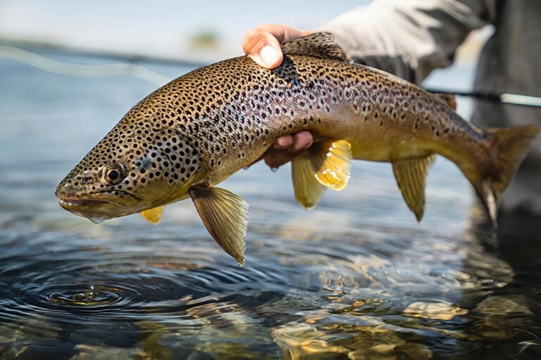 Wild brown trout held in shallow river water in Patagonia