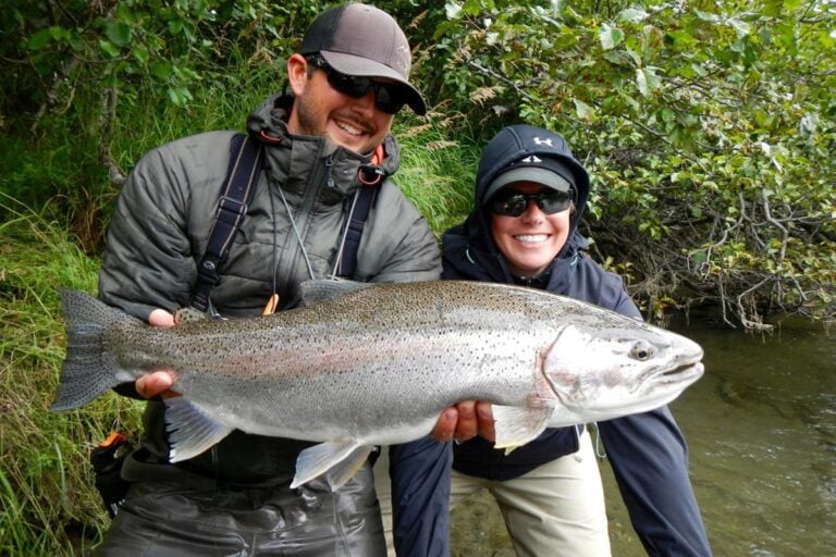 Trophy adfluvial rainbow trout held by anglers in remote Bristol Bay, Alaska
