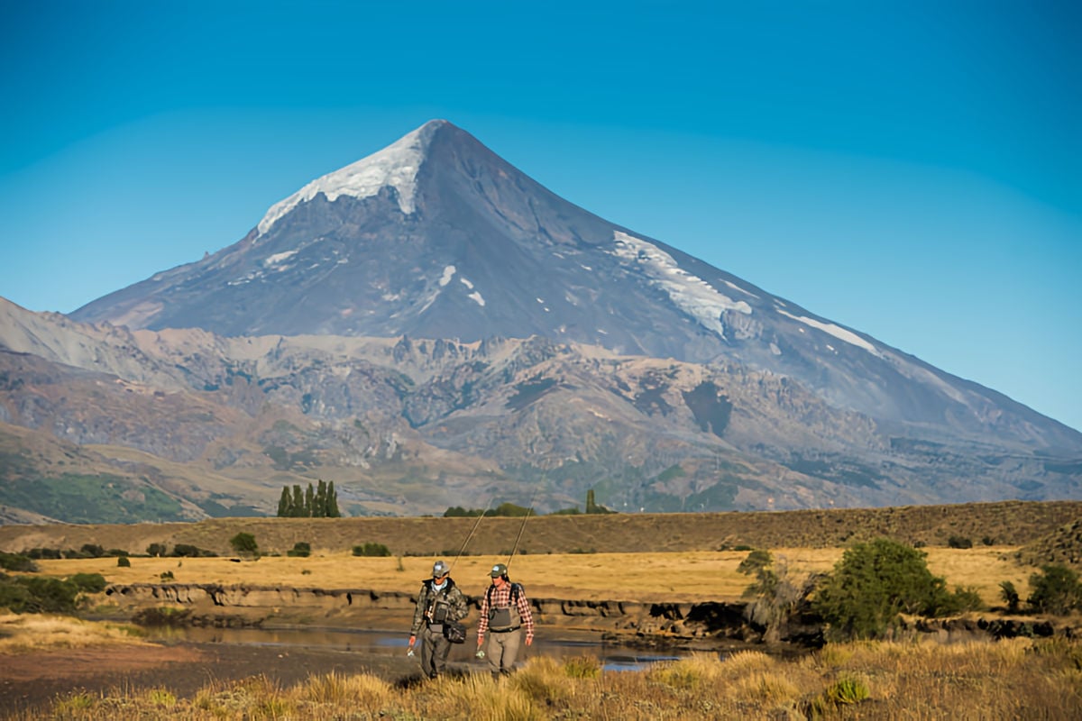 Malleo river in northern Patagonia, with Lanín Volcano in background