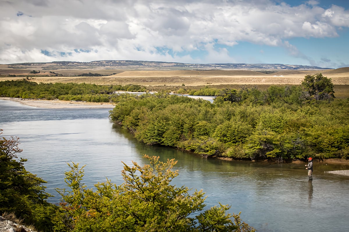 Angler wading small river in Rio Pico region in central Patagonia, Argentina